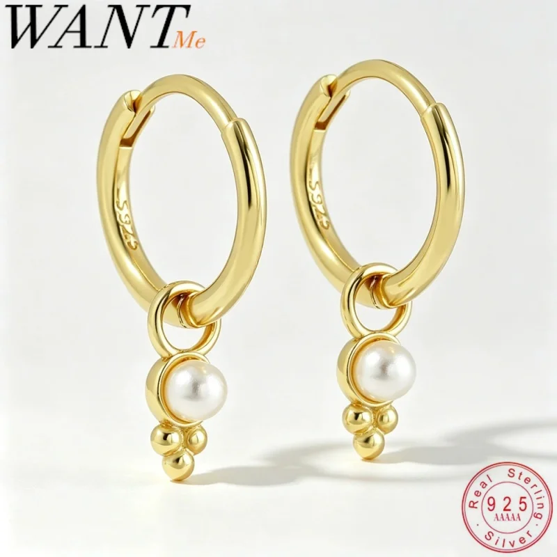 WANTME 925 Sterling Silver Bohemian Synthetic Pearl Charm Huggies Dangle Earrings for Women Fashion French Party Jewelry Gift