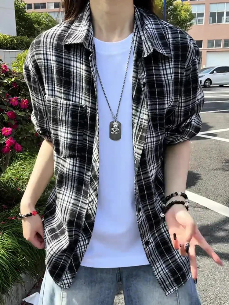 

Retro American Plaid irt Men's Long Sve Spring High Sensation Cool Couple Outerwear Loose Fit Youthful Daily Wear