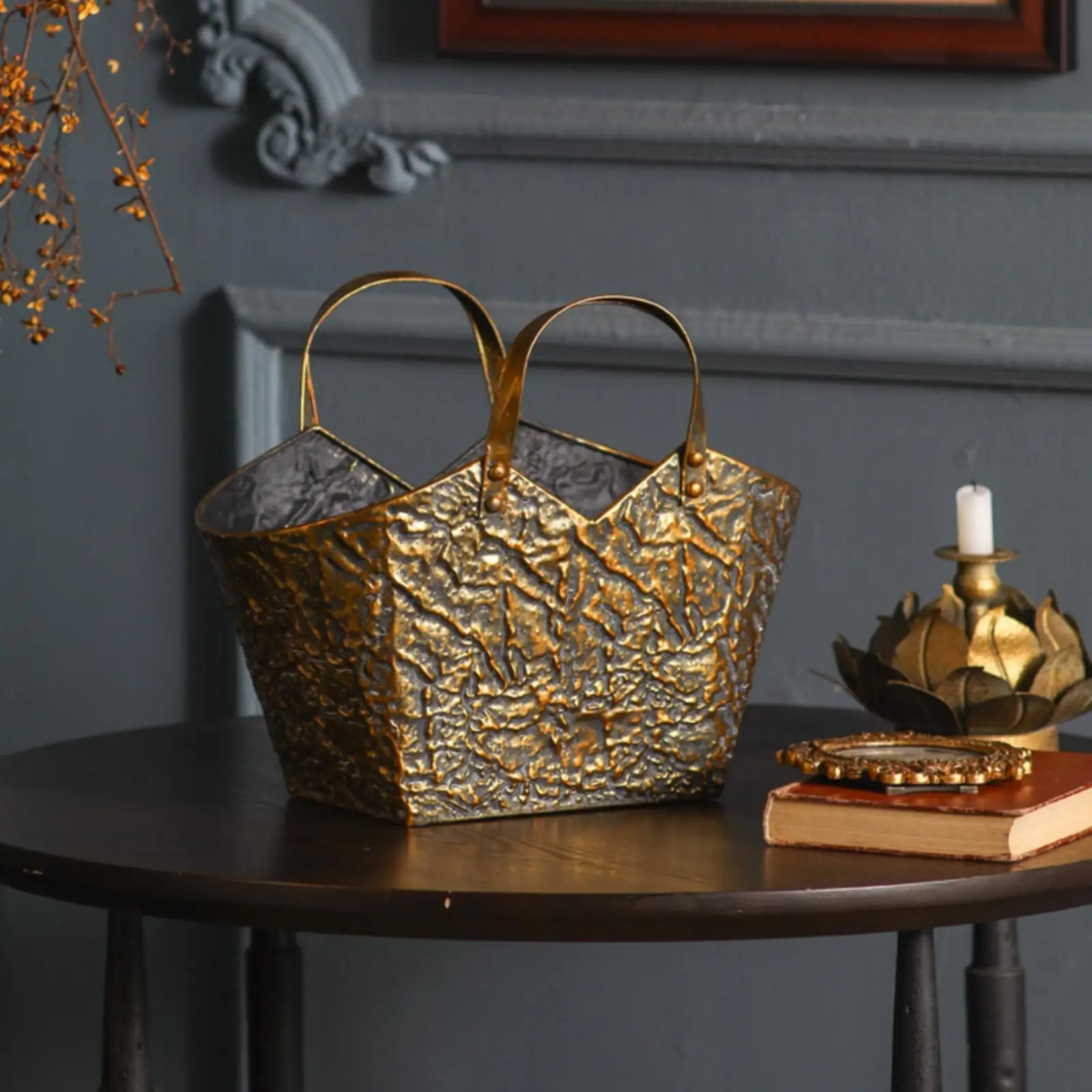 Iron Tote Bag Vase with Distressed Gold Finish for Branches Florals on Sideboard Shelf Tabletop Decor