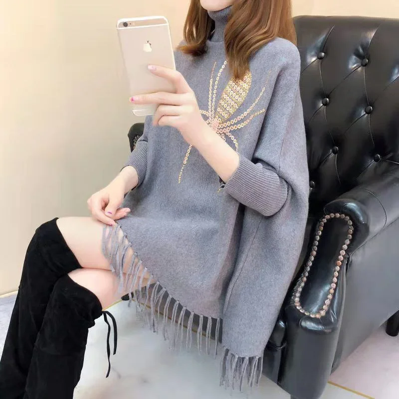 3 Style 4 Colors Winter Warm Knitted High Neck Beading Sequin Sweater Autumn Pullover Fashion Women Loose Tassel Poncho Knitwear