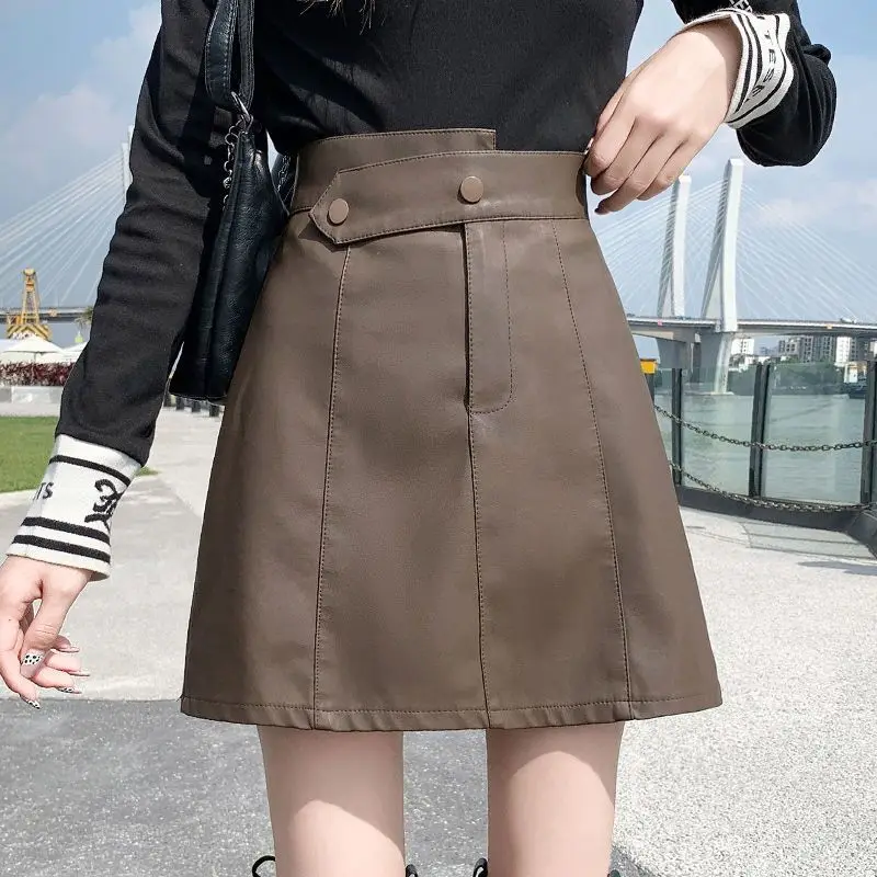 

Fashion Black Slim PU Leather Short Skirts 2024 New High Waist Package Hip A-line Mini Ladies Female Autumn Winter N43