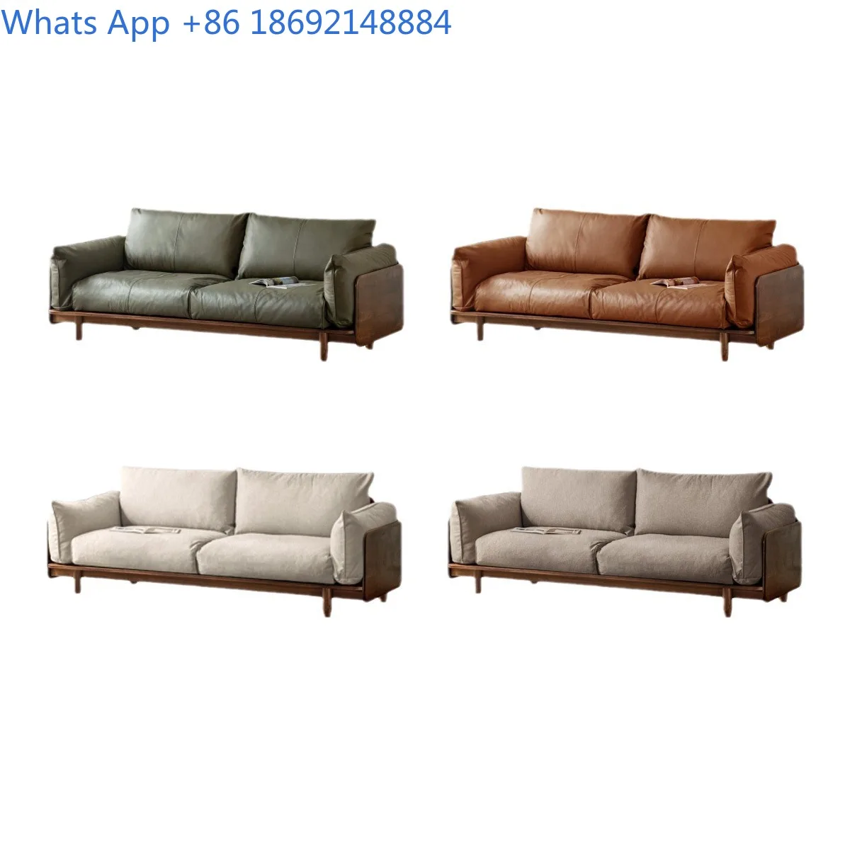 أريكة من خشب الجوز الصلب لغرفة المعيشة الصغيرة، أريكة بمقعدين من الجلد الطبيعي على الطراز الصيني الحديث