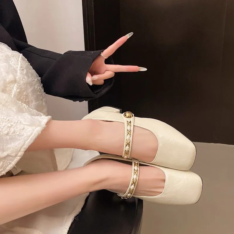 حذاء فردي بكعب منخفض للنساء، موضة الصيف الجديدة بإبزيم ذهبي ومقدمة مربعة، حذاء مريح بكعب عالٍ #5