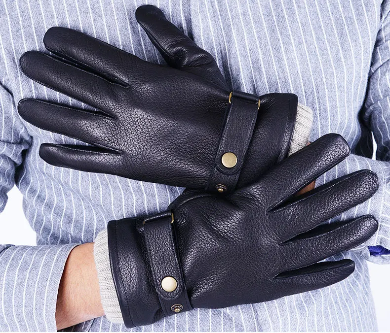 100% Genuine Leather Sheepskin Men's Gloves Winter Warm Velvet Lined Touch Screen Full Finger Mittens Riding Driving Gloves