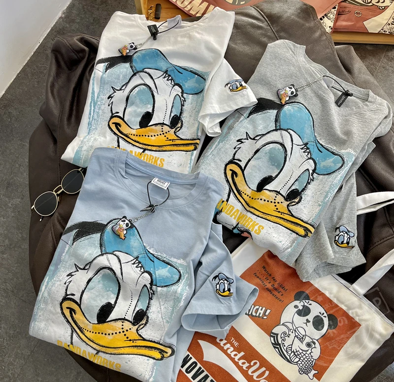 Disney Donald Duck Trendy T Shirts for Women Cotton Short Sleeve Casual Loose White Gray Summer Women\'s Shirts Tops