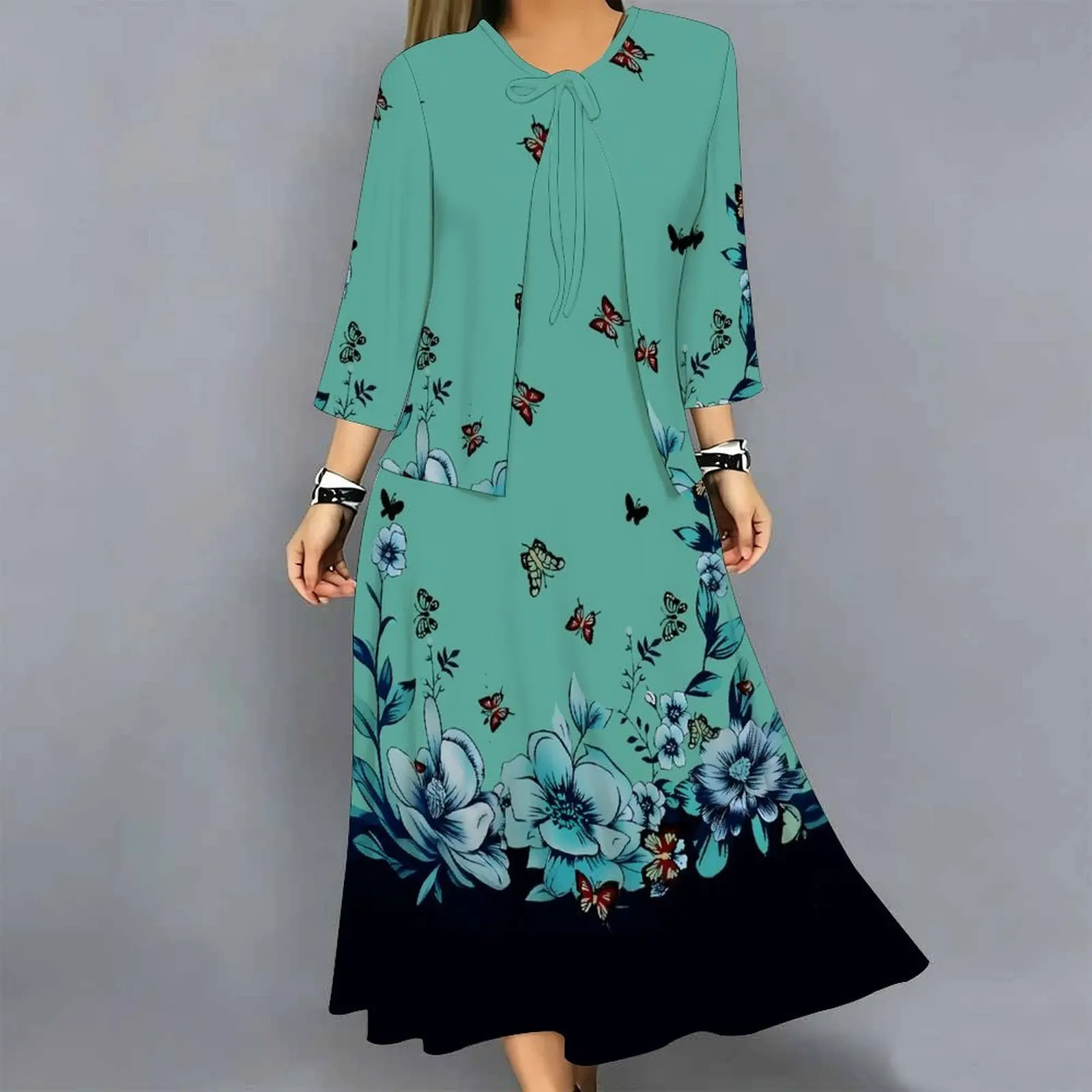 Women 2 Piece Dress Set Print 3/4 Sleeve Cardigan and Midi Dress Loose Casual Vacation Ladies Outfit