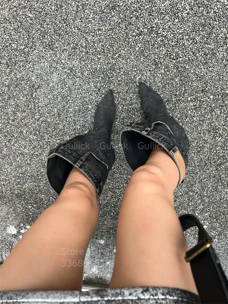 Stiletto Thin High Heel Sexy Pointy Toe Pleated Slouchy Denim Grey Knee High Boots Slip On 2026 Winter Women Dress Shoes