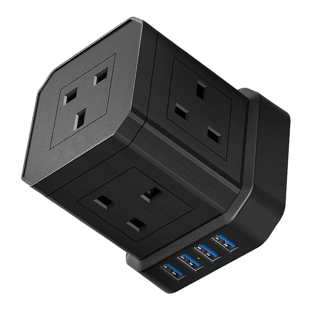 British Multi-hole Socket Cube Extension Lead Tower Black Cord Power Abs Charging Port Flat Plug