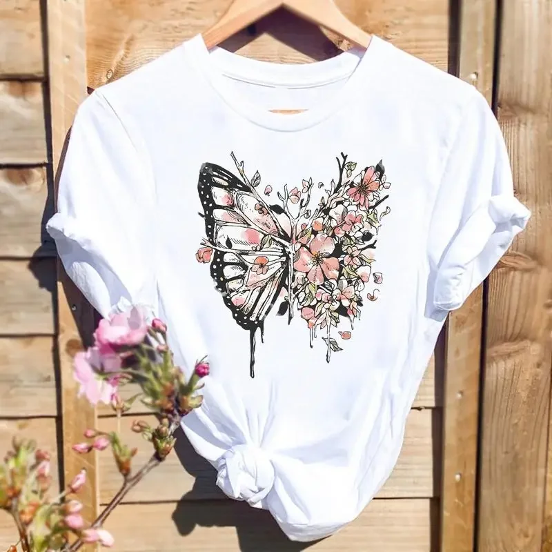 Camiseta con estampado de mariposa para mujer, ropa de manga corta con dibujos animados, tendencia de los años 90