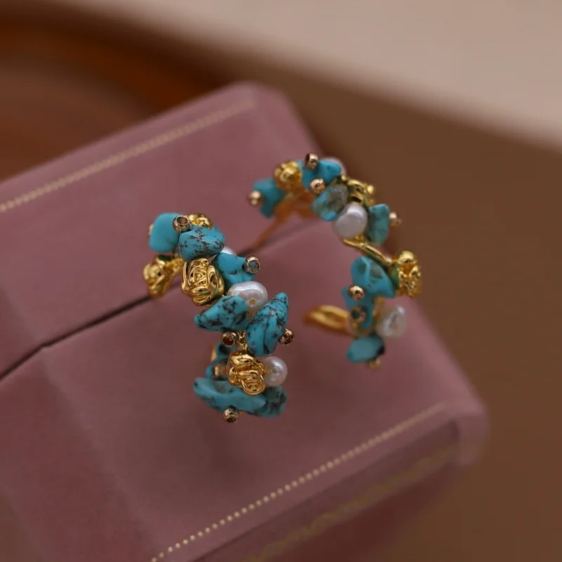 French new design retro jewelry 14K gold plated blue stone freshwater pearl wrap earrings elegant women's daily work accessories