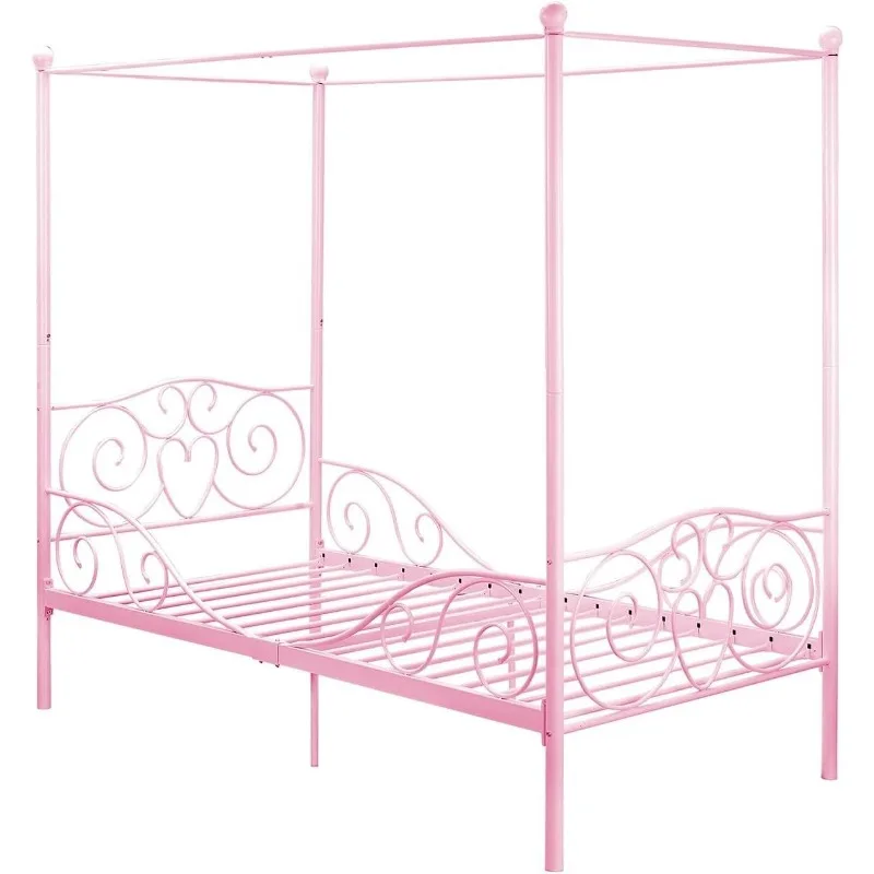 

Metal Canopy Kids Platform Bed with Four Poster Design, Underbed Storage Space, No Box Sring Needed, Twin, Pink