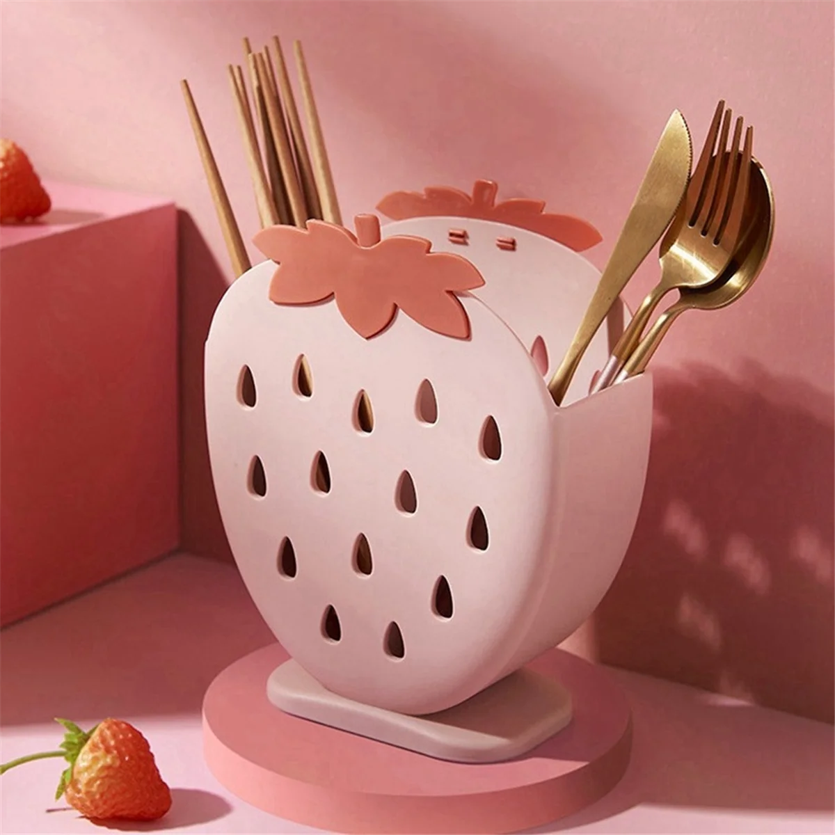 Cute Strawberry Chopsticks Holder Drain Rack Kitchen Tableware Storage Rack Drainer Spoon Fork Knife Shelf Holder