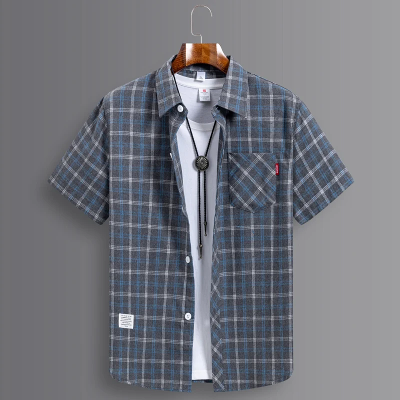 Fashion korean popular clothes summer cotton brushed plaid short sleeve shirts for man slim fit casual plain shirt trends tops