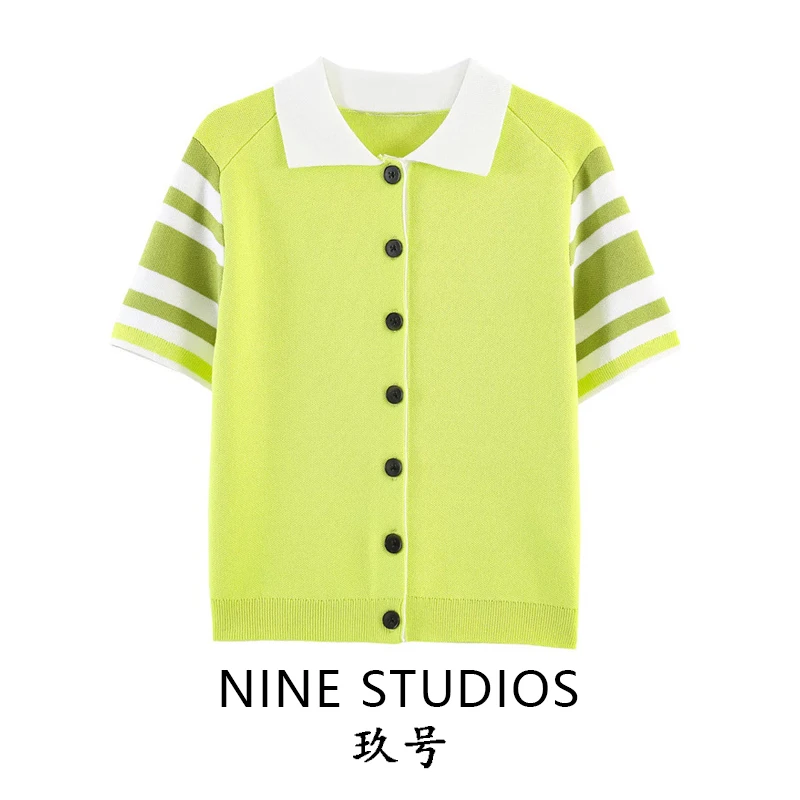 

Fashionable Collar Short Sleeve Single Button Knitted Cardigan Women's Casual Spring Regular LengthStriped Pattern