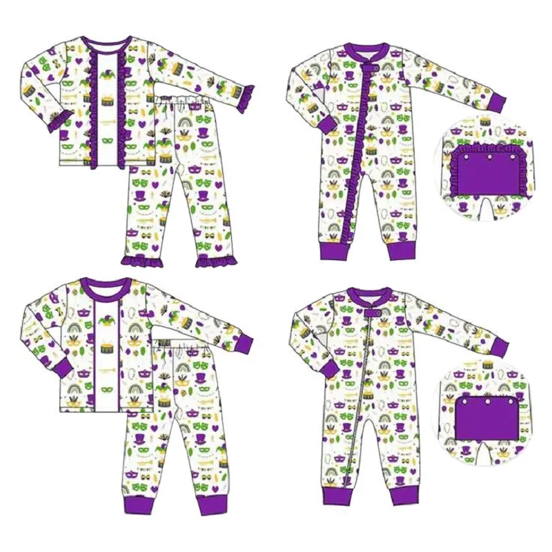 Mardi Gras series หน้ากากสีม่วงสีเหลืองสีเขียวเด็กชายและเด็กหญิงแขนยาว onesie พี่น้องและน้องสาวบูติกขายส่ง