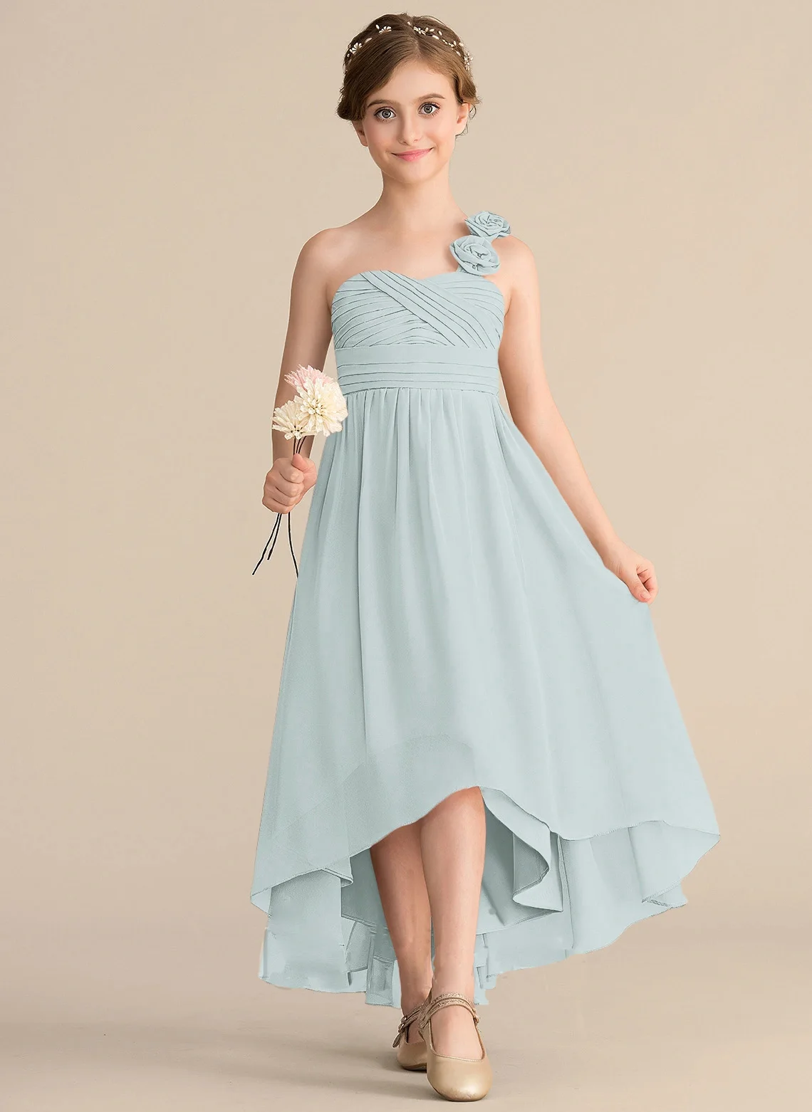 

A Line One Shoulder Asymmetrical Chiffon Junior Bridesmaid Dress With Flower Bow Evening Dress New Elegant Banquet Gowns