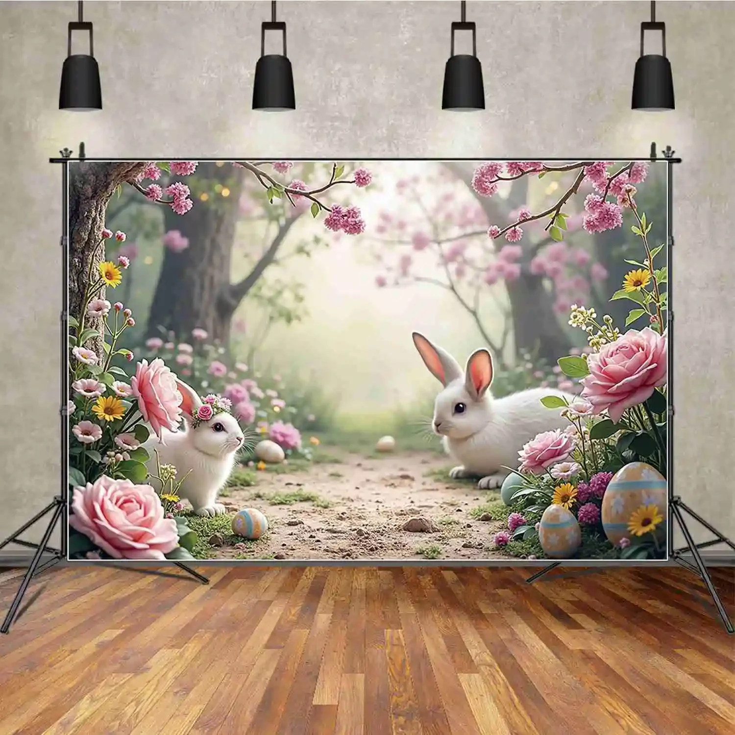 MOON.QG Easter Egg Forest Backdrop Photography Rabbit Pathway Party Decoration Photozone Background Children Photobooth Props
