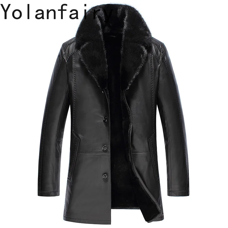 YOLANFAIRY Genuine Leather Sheepskin Mens Jacket Winter Mink Liner Coats Long Coat Men Fit Jackets Sizes M-4XL Casaco Masculino