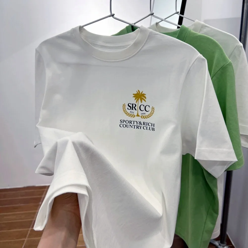 American Vintage Style Country Club Pocket Printing White T Shirts Women Summer Short Sleeve Loose Cotton 90\'s Aesthetic Tees