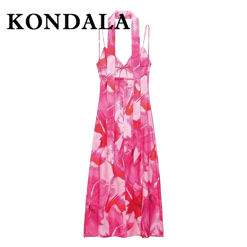 KONDALA Chic Sexy 2025 été rose plissé femme robe nœud cou monté vacances longue robe imprimer femme fermeture éclair gaine robes
