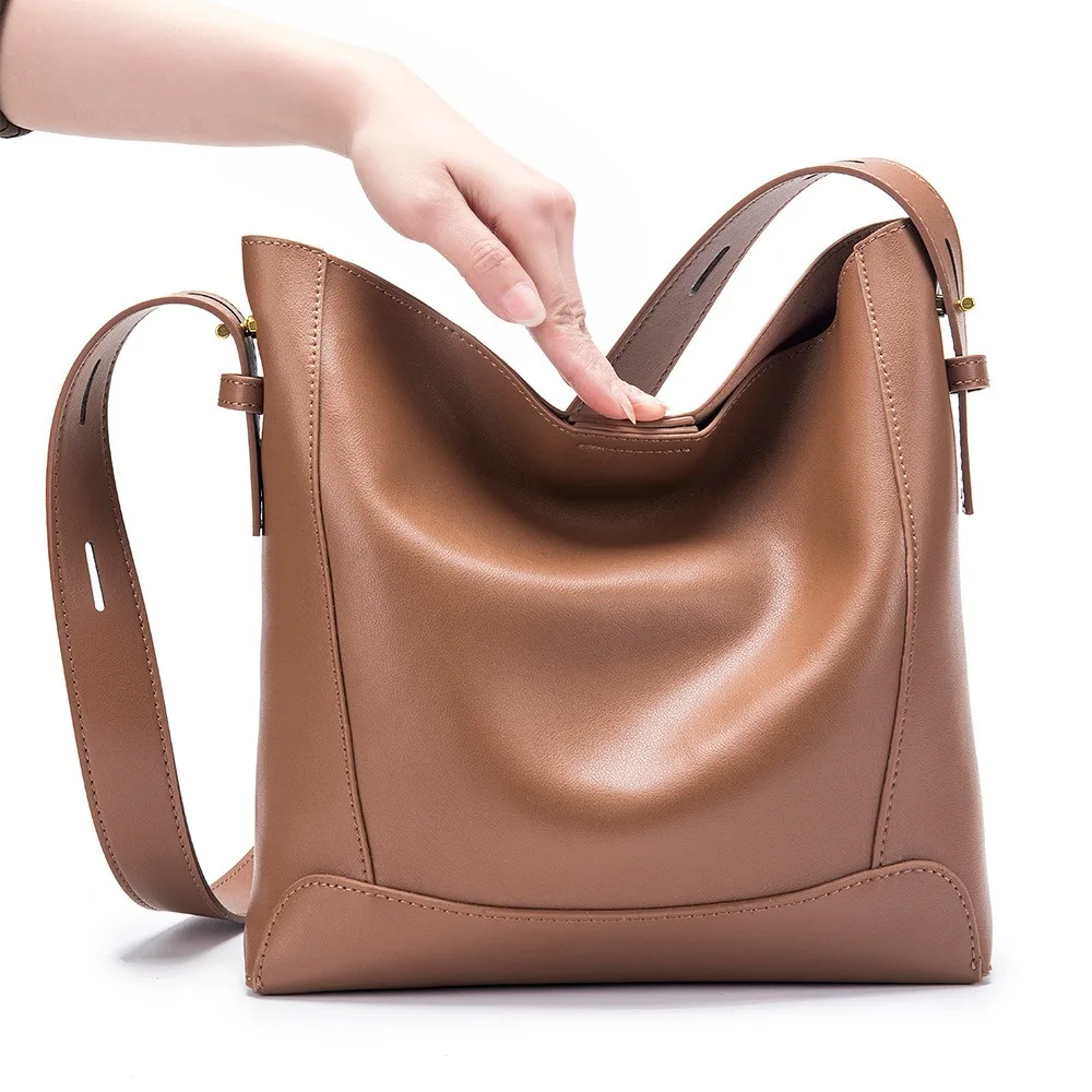 Genuine Leather Bucket Shoulder Bag Women Cowhide Luxury Crossbody Designer Tote Handbag Lipstick Phone Large-capacity