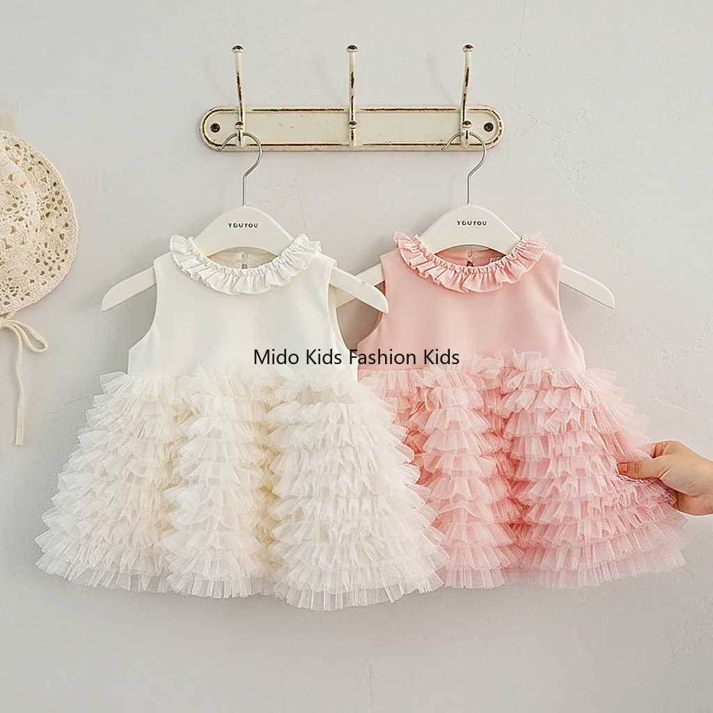 

Элегантное однотонное платье без рукавов 2026 года, пышное многоярусное платье-торт для маленьких принцесс на 1-й день рождения, для девочек ростом 80-120 см