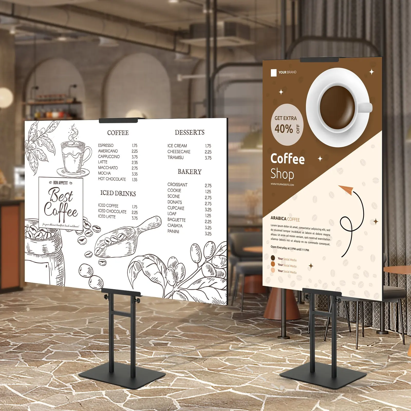 حامل الملصقات، حامل لافتة بقاعدة شديدة التحمل على الوجهين، حامل لافتة قائم على الأرض مع قاعدة ممتصة للصدمات