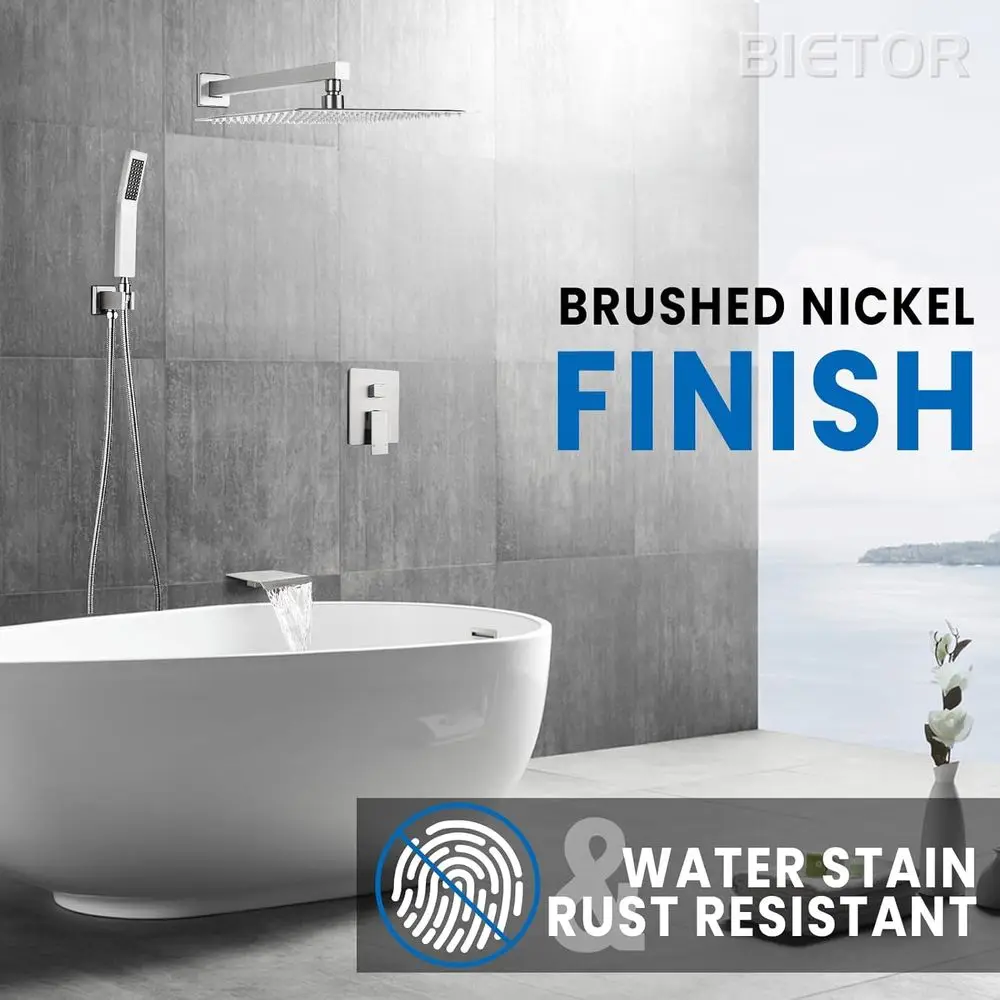 12-Regenduschsystem mit Handbrause, Wannenauslauf und gebürstetem Nickel-Finish