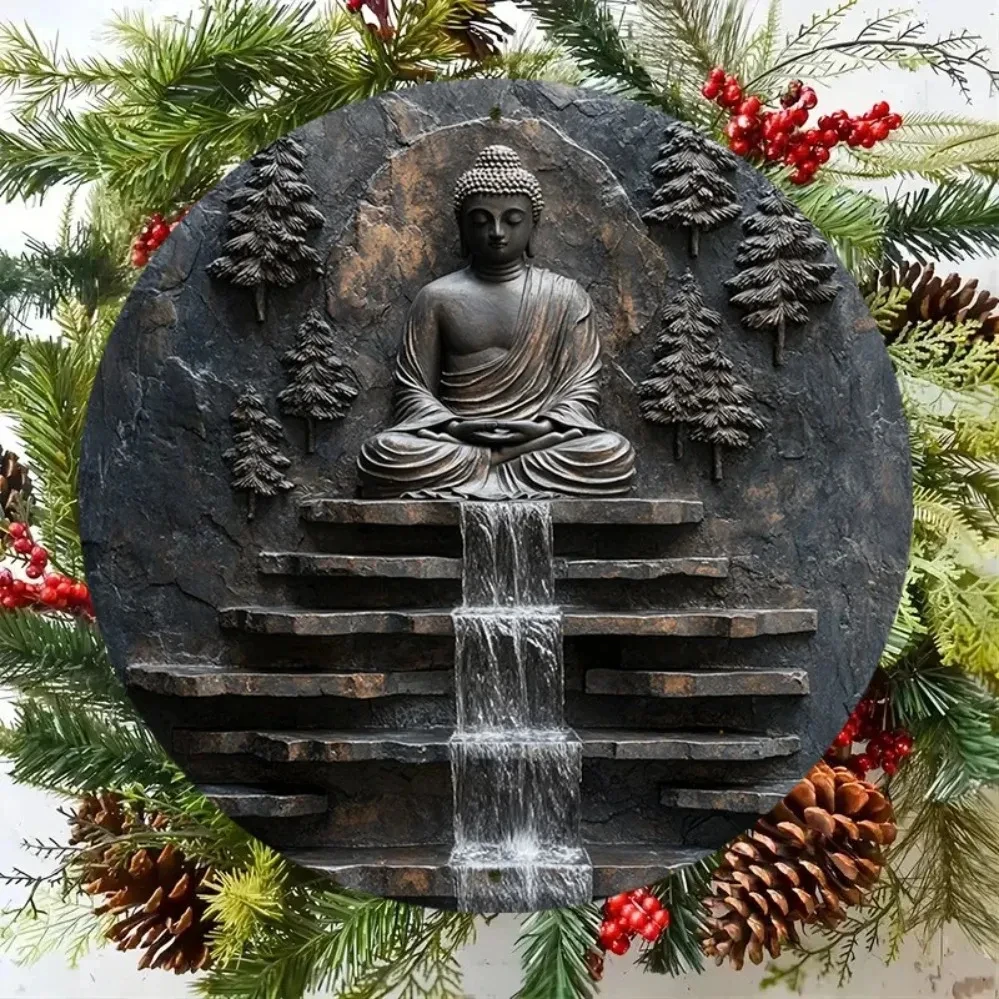 Vintage Metal Buddha Statue Meditation Wall Art |   Serene Monk and Waterfall Design |   Outdoor Courtyard and Garden Zen-Inspired Decorations