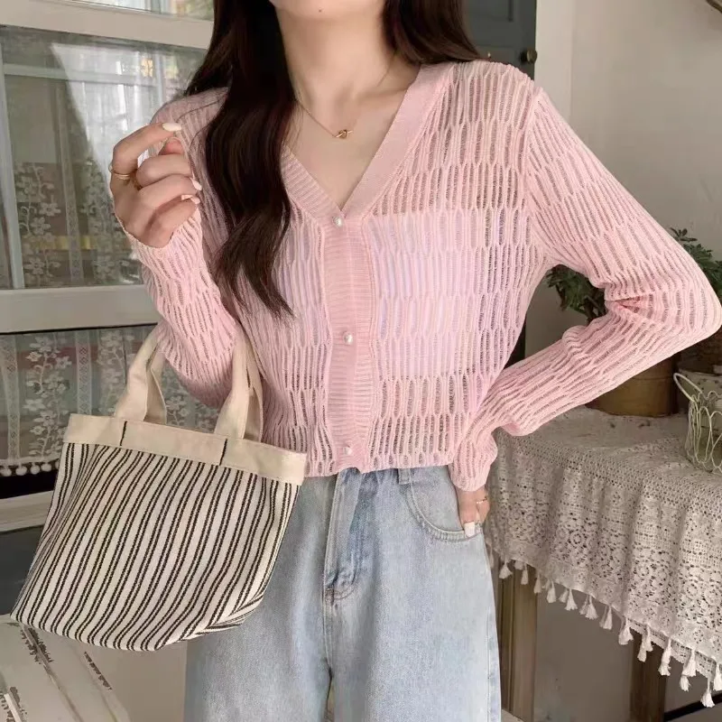 Open Front Women  Thin Sun-protect Solid Cardigan Coat Jackets Short Sleeve Korean Thin Knitted Shirt Female Cropped Top Outwear
