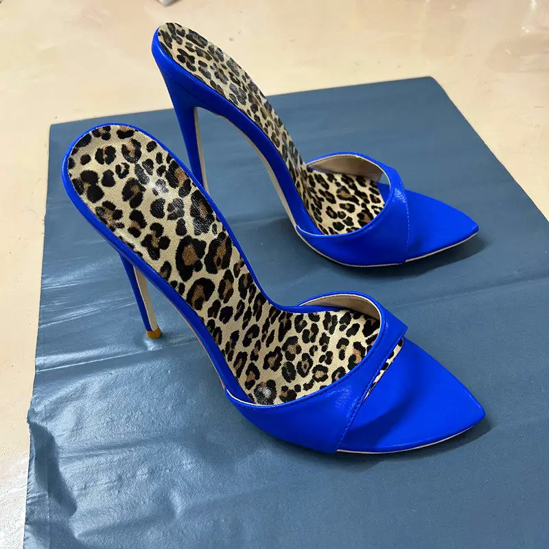 Blue leopard print lined slim heel sandals, European and American sexy one toe high heels, nightclub women's slippers