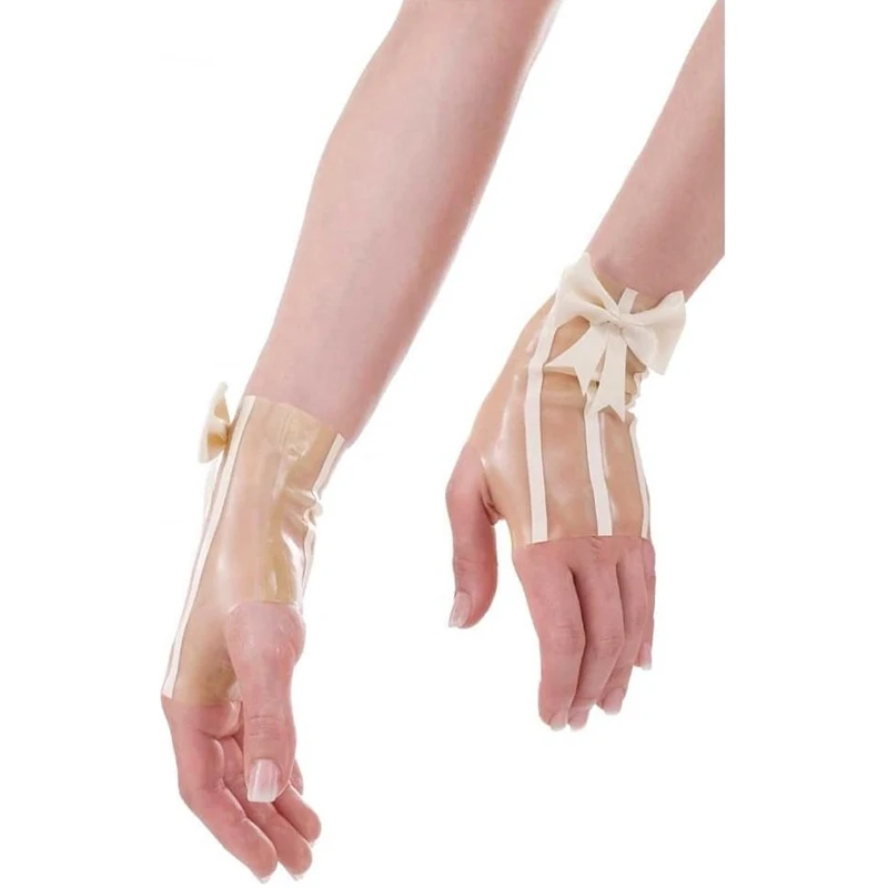 Transparent And White Sexy French Maid Latex Gloves With Bows And Striples Rubber Gauntlets Mittens ST-0148