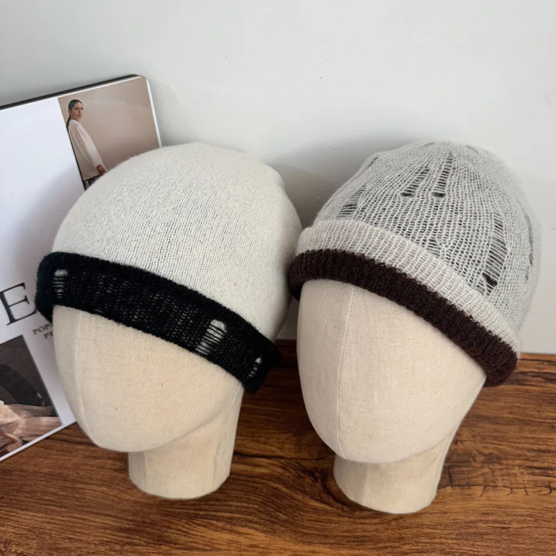 Korean Tear Design Pullover Hat for Men and Women Hollowed Out Double-sided Knitted Hat for Autumn and Winter Warm Beanie Cap