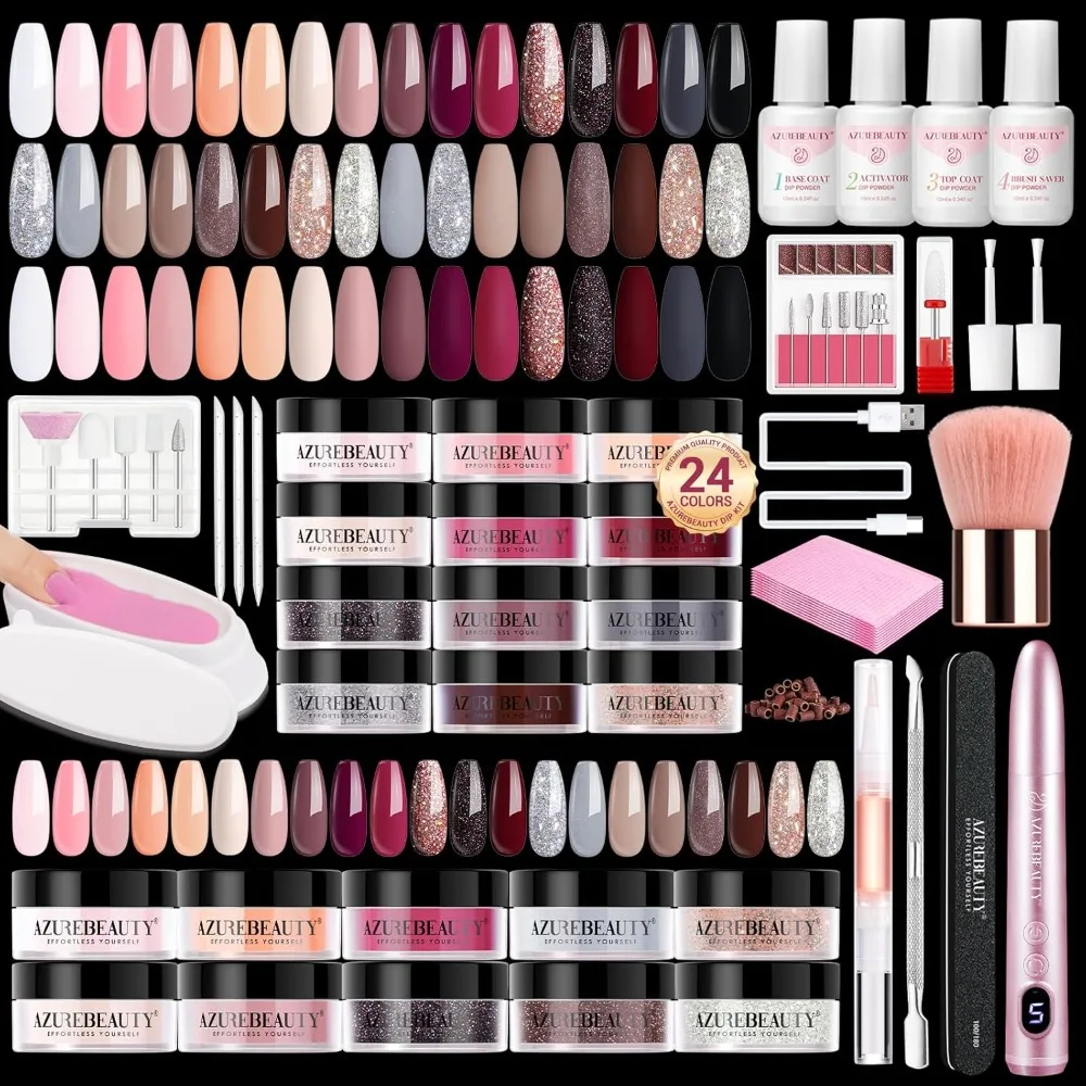 Dip-Puder-Nagelset mit elektrischem Nagelbohrer, 24-Farben Nude Pink Glitter Powder Tragbare Maniküre French Nail Art Essential Set