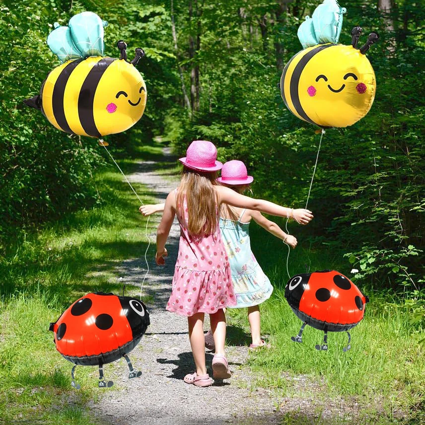 بالونات النحلة والخنفساء الكرتونية (4 قطع) - 2 نحل كبير مبتسم و2 خنفساء للمشي لاستحمام الطفل، ديكور موضوع أعياد الميلاد على شكل نحلة