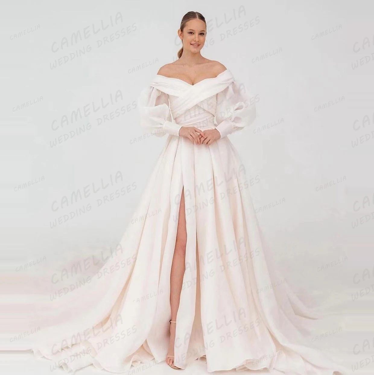 

Exquisite Fluffy A Line Wedding Dresses Women's Sexy Long Sleeve Bridal Gowns Formal Backless Elegant Party Vestidos De Noche