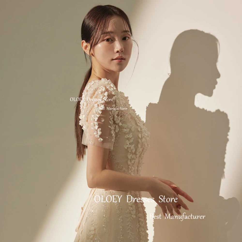 OLOEY 2024 Exqusite Korea Mermaid Wedding Dresses Ivory Soft Tulle Appliques Lace Short Sleeves Photo Shoot Bridal Gowns Custom