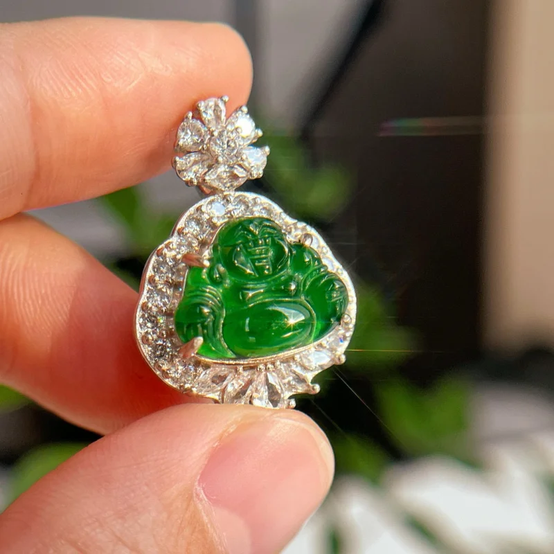 National Style Retro High Reflect Light Natural Emperor Green Jade Buddha Pendant Support Re-Inspection