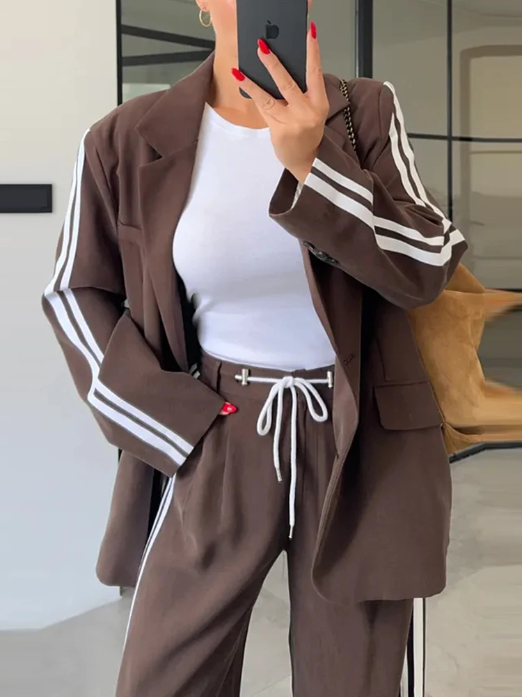 Classic vertical stripe splicing 2-piece set lapel long sleeved jacket+elastic waist wide leg pants set casual style set