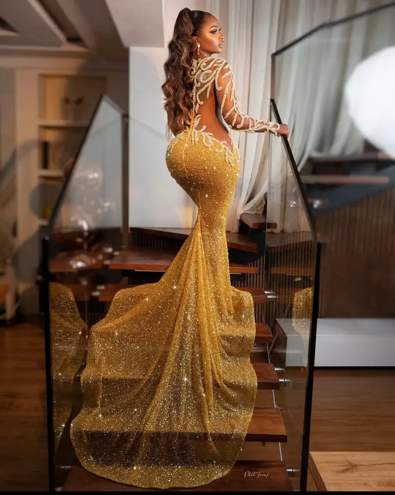 Gold Pailletten Perlen Applikation Abendkleid Luxus sexy Abschluss ball Party Promi Kleider für Frauen Damen benutzer definierte Größe Kleid Robe Gala