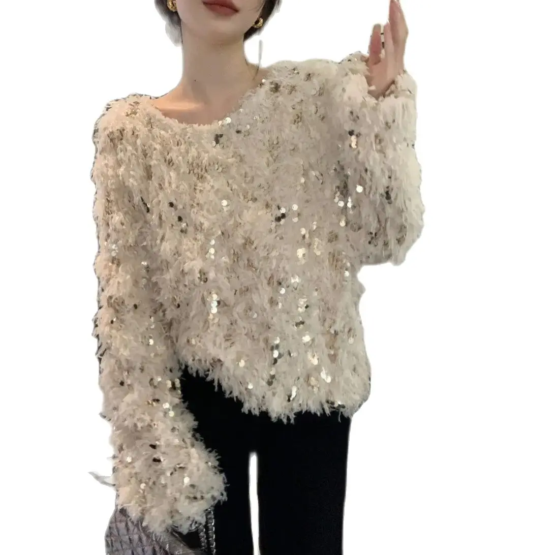 2024 New Year Female Clothes Beautiful Sequined Sweater Long Sleeve O-neck Fashion Women\'s Tassel Pullovers Sweet Lady Jackets