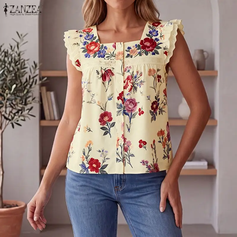 Fashion ZANZEA Women Floral Print Blouse Square Neck Sleeveless Lace Ruffle Sleeve Summer Casual Tops Blusas Tunic Streetwear