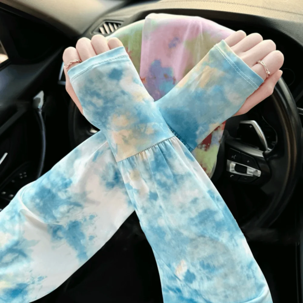 لطيف التعادل الصباغة طويلة الأكمام الحرير الجليد الحماية من الشمس عالية مرونة واقية من الشمس الذراع يغطي الجليد الأكمام رقيقة قفازات ركوب الدراجات الصيف #1