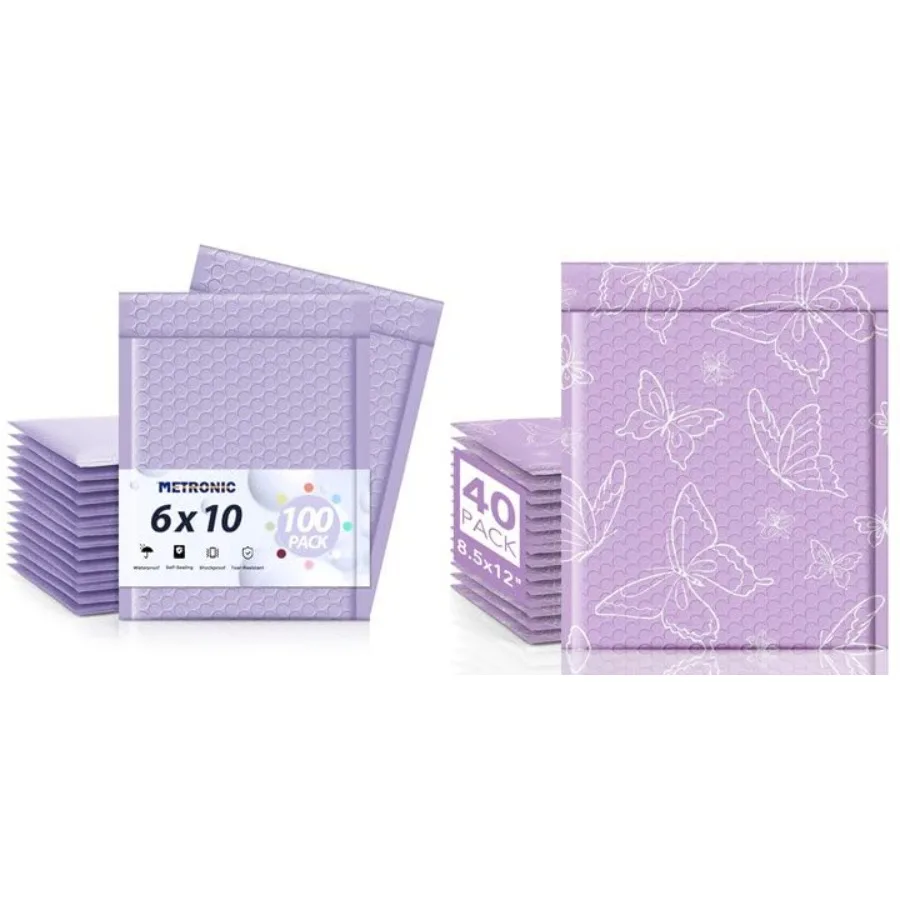 

Пакеты с пузырчатой пленкой 6x9 дюймов, 100 шт., сиренево-фиолетовые, и 8.5x11 дюймов, 40 шт., фиолетовые с бабочками, для почтовых отправлений и доставки, для малого бизнеса