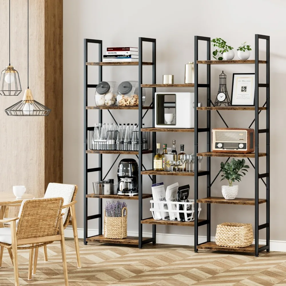 

Triple Column 5 Tier Bookshelf, Bookcase with 14 Open Display Shelves, Adjustable Rustic Style Book Shelves,Display Cabinet