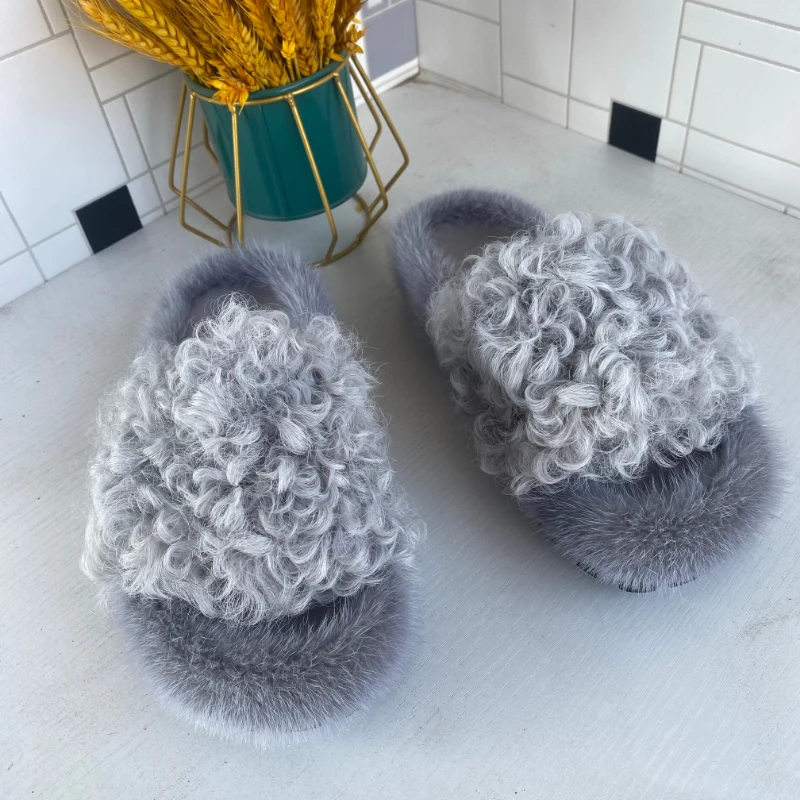 

Warm Fluffy Furry Slippers Mink Fur Thick-Soled Sandals Summer Fashion Plush Slippers Women's Sandals Slides Home Floor Shoes