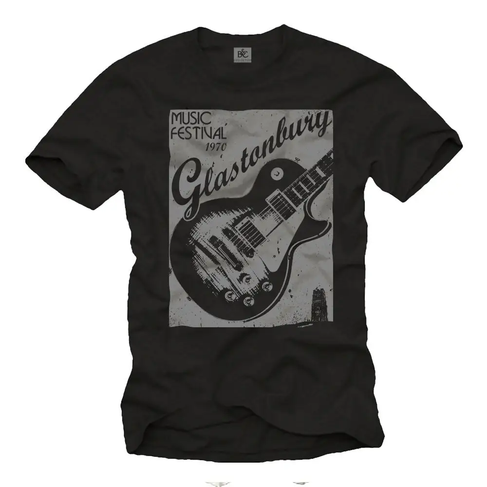 Cool Vintage Music Festival T Shirt For Men With Glastonbury Guitar Print Black S Xxxxxl