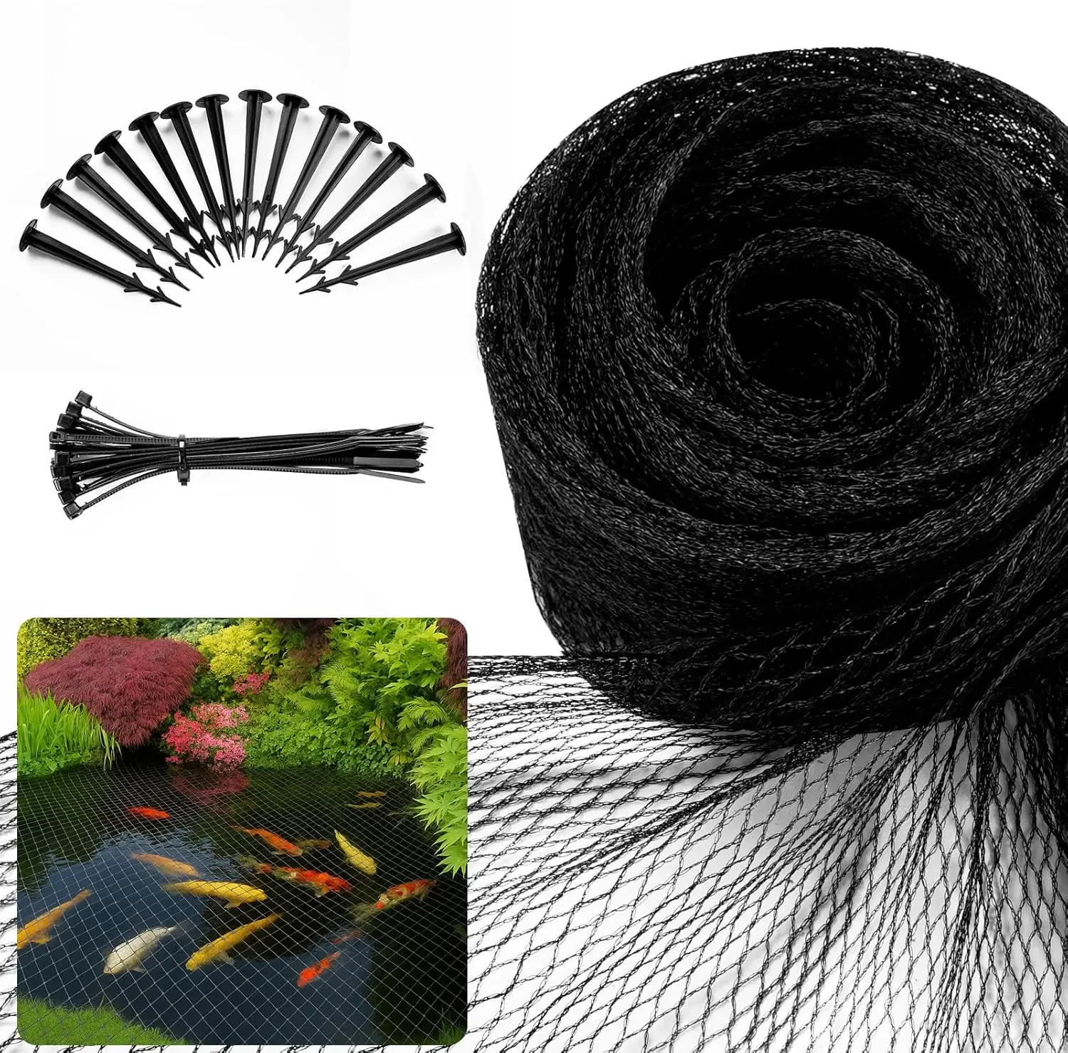 

Durable 14' x 14' Pond Netting for Koi Ponds, Catches Leaves & Debris, Keeps Herons and Predators Away with 14 Stakes