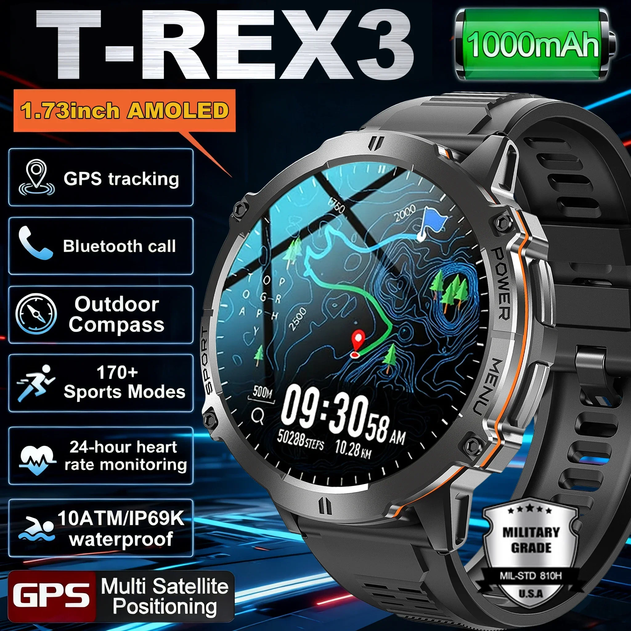 New TANK X3 Military Smart Watch Man 1000mAh Battery 5ATM Waterproof GPS Compass BT Call AMOLED HD Men Sport Smartwatch 2025