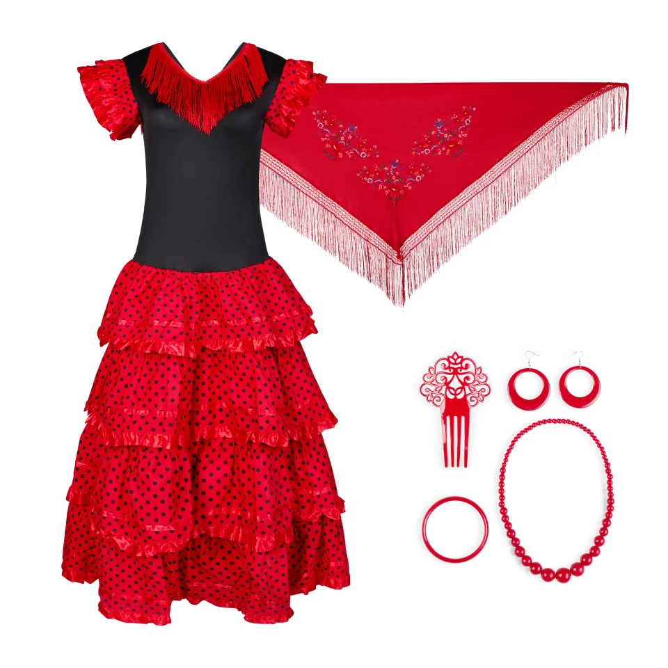 Vestido Flamenco Mujer Niña+Peineta+Collar+Pulsera+Pendientes+ mantón rojo flor , Vestido Sevillanas Español Tradicional para Feria Abril Sevilla Actuaciones Baile